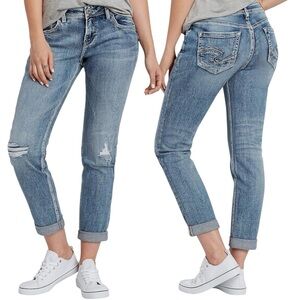Silver Jeans Co Sam High Rise Denimotion (Lined) Distressed W26 L27 Boyfriend